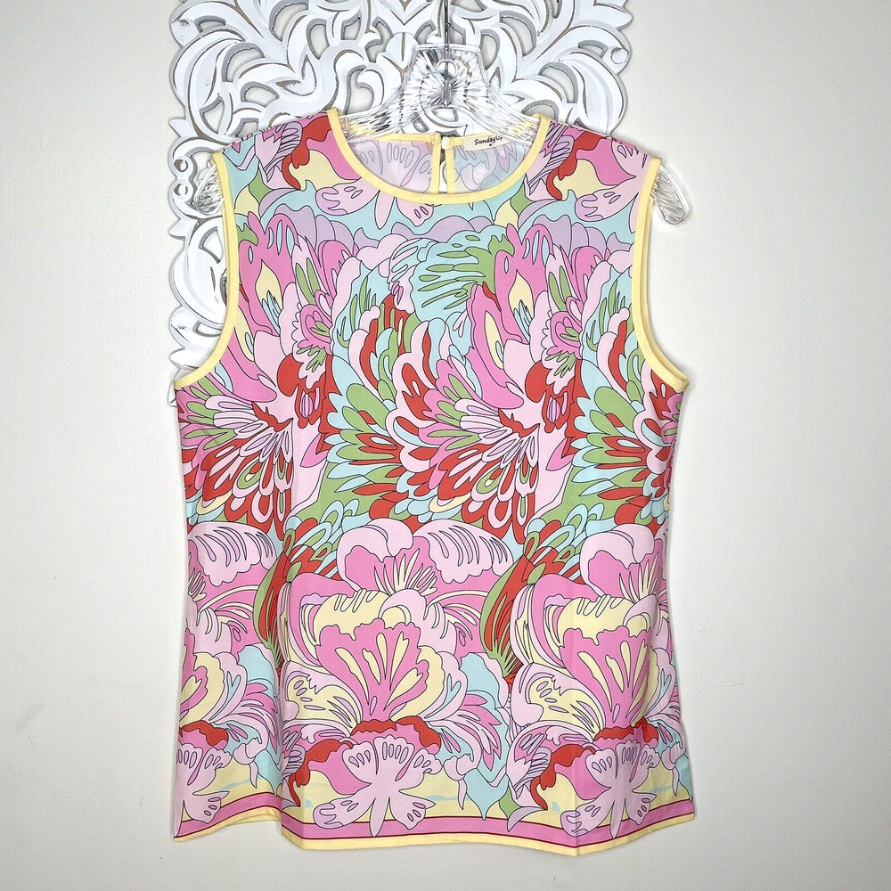 SUNDAY UP SundayUp Women's MEDIUM Silky Sleeveless Blouse PINK ORANGE GREEN